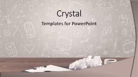  Presentation with front desk - Colorful PPT theme enhanced with close up of business office desk with laptop tablet in front of brown wall background full of drawn communication icons and school items concept backdrop and a light gray colored foreground