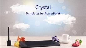  Presentation with sunshine - Slide deck having close up of business office desk concept with clouds blue sky and sunshine background and a sky blue colored foreground