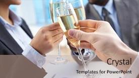  Presentation with flutes - Cool new presentation theme with corporate anniversary - close-up of business partners hands backdrop and a coral colored foreground