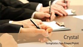  Presentation with business partner people joining hand - Presentation design consisting of close up of business people background and a coral colored foreground
