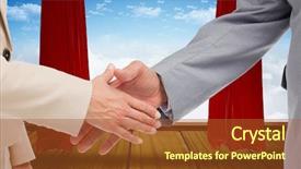  Presentation with stage curtains - Presentation theme consisting of close up of business people shaking their hands against stage with red curtains background and a red colored foreground