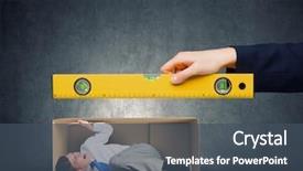  Presentation with box carton - Beautiful PPT theme featuring close up of business person hand measuring man in carton box backdrop and a ocean colored foreground