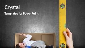  Presentation with box carton - PPT layouts with close up of business person hand measuring man in carton box background and a dark gray colored foreground
