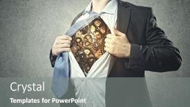  Presentation with acting - Colorful presentation theme enhanced with close up of businessman acting like superhero backdrop and a gray colored foreground