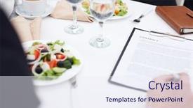  Presentation with contract - Colorful slide set enhanced with close-up of businessman hand backdrop and a sky blue colored foreground