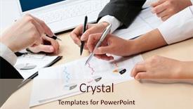  Presentation with pen - Beautiful theme featuring close-up of businessman hand with pen explaining a financial plan to colleagues at meeting backdrop and a lemonade colored foreground