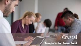  Presentation with office room - PPT theme featuring close up of businessman hands using tablet people group in office meeting room blurred in backgronud background and a gray colored foreground