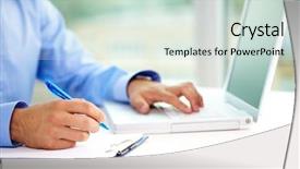  Presentation with hands of anonymous hackers typing - Colorful theme enhanced with close-up of businessman hands backdrop and a soft green colored foreground