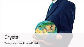  Presentation with earth - Presentation theme featuring close up of businessman holding background and a  colored foreground