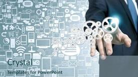  Presentation with helical gear - Amazing theme having close up of businessman pushing backdrop and a light blue colored foreground