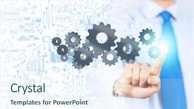  Presentation with supply chain gear - Audience pleasing presentation consisting of close up of businessman pushing backdrop and a sky blue colored foreground