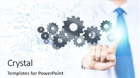  Presentation with gear - Audience pleasing presentation theme consisting of close up of businessman pushing backdrop and a sky blue colored foreground