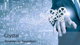  Presentation with supply chain gear - Cool new presentation design with close up of businessman pushing backdrop and a  colored foreground