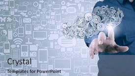  Presentation with gear - Colorful presentation design enhanced with close up of businessman pushing backdrop and a light blue colored foreground