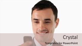  Presentation with text message - Slide deck consisting of close up of businessman reading a text message against a white background background and a soft green colored foreground