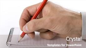  Presentation with spiral notebook - Slide deck enhanced with close up of businessman taking notes in spiral notebook background and a violet colored foreground