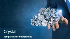  Presentation with mechanism - Amazing slides having close up of businessman touching gears mechanism with finger backdrop and a ocean colored foreground