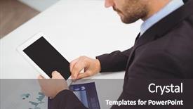  Presentation with using digital tablet - Beautiful presentation theme featuring close-up of businessman using digital tablet while working at desk in office backdrop and a dark gray colored foreground
