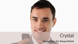  Presentation with text message - Audience pleasing slide deck consisting of close up of businessman writing text message against a white background backdrop and a soft green colored foreground