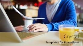  Presentation with paperwork - Beautiful PPT layouts featuring close-up of businessman in blue sweater sitting at table and using laptop while doing paperwork in cafe backdrop and a yellow colored foreground