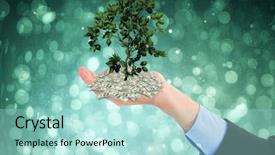  Presentation with blue design - Cool new slide set with close up of businessman with empty hand open against blue abstract light spot design backdrop and a mint green colored foreground