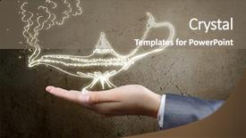  Presentation with hand holding pencil - PPT layouts with close up of businessperson hand holding lamp in hand background and a gray colored foreground