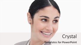  Presentation with head - Amazing PPT theme having close up of businesswoman turning her head against a white background backdrop and a lemonade colored foreground