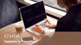  Presentation with face mask - Colorful presentation design enhanced with close-up-of-businesswoman backdrop and a coral colored foreground