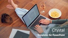  Presentation with end - Presentation theme featuring close-up-of-businesswoman background and a gray colored foreground