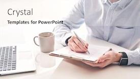  Presentation with foreign - Presentation theme featuring close-up-of-busy-man background and a cream colored foreground