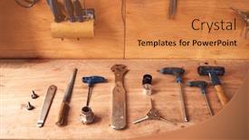  Presentation with workshop tools - Audience pleasing PPT layouts consisting of close-up-of-carpentry-tools backdrop and a coral colored foreground