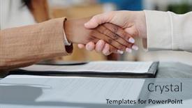  Presentation with job interview - Audience pleasing presentation theme consisting of close-up-of-caucasian-woman backdrop and a light blue colored foreground