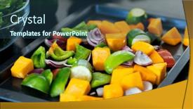 Presentation with healthy nutrition - PPT theme consisting of close-up-of-chopped-vegetables background and a ocean colored foreground