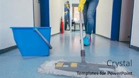  Presentation with floor care and cleaning services - Audience pleasing PPT theme consisting of close-up-of-cleaners-moping backdrop and a light blue colored foreground