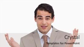  Presentation with salesman - PPT layouts having close up of clueless salesman against a white background background and a coral colored foreground