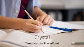  Presentation with writing notes - PPT theme consisting of close-up-of-college-student background and a soft green colored foreground