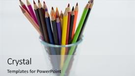  Presentation with colored pencils - PPT layouts with close-up of colored pencils kept in glass on white background background and a light gray colored foreground