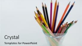  Presentation with colored pencils - Slide set featuring close-up of colored pencils kept in glass on white background background and a sky blue colored foreground