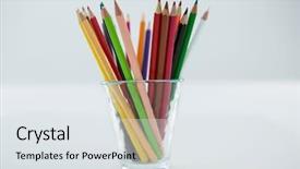  Presentation with colored pencils - Beautiful PPT theme featuring close-up of colored pencils kept in glass on white background backdrop and a sky blue colored foreground