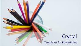  Presentation with colored pencils - Beautiful PPT layouts featuring close-up of colored pencils kept in glass on white background backdrop and a sky blue colored foreground