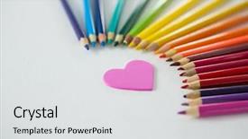  Presentation with colored pencils - Amazing slide deck having pencils arranged in semi circle backdrop and a light gray colored foreground
