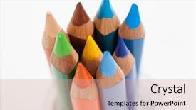  Presentation with colored pencils - Cool new slide deck with close-up of colored pencils kept in a glass jar on white background backdrop and a coral colored foreground