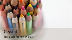  Presentation with colored pencils - PPT theme enhanced with close-up of colored pencils kept in a glass jar on white background background and a coral colored foreground