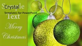  Presentation with strings - Presentation theme enhanced with close up of colorful christmas bauble balls in different sizes hanging on strings background and a gold colored foreground