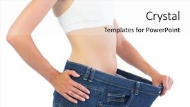  Presentation with trousers - Presentation theme consisting of close up of confident slim blonde wearing too big trousers on white background background and a white colored foreground