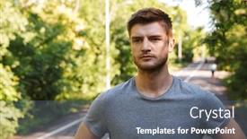  Presentation with confident - Cool new presentation with close up of confident sportsman standing on a road outdoors backdrop and a gray colored foreground