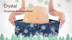  Trousers PPT template - Audience pleasing PPT theme consisting of close up of confident thin blonde wearing too big trousers against snowflakes and fir trees in green backdrop and a lemonade colored foreground