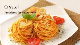  Presentation with white cheese - PPT theme with close up of cooked spaghetti with red pesto and grated parmesan cheese on white plate and brown place mat background and a yellow colored foreground