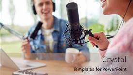  Presentation with podcast - Presentation design featuring close-up-of-couple-recording background and a coral colored foreground