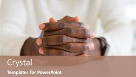  Presentation with globe hands cross - Audience pleasing slide deck consisting of close up of crossed hands of african man over table backdrop and a coral colored foreground